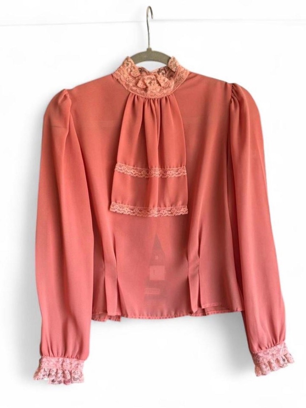 Vintage 70s Women’s Pink Lace-Trim High-Neck Blouse